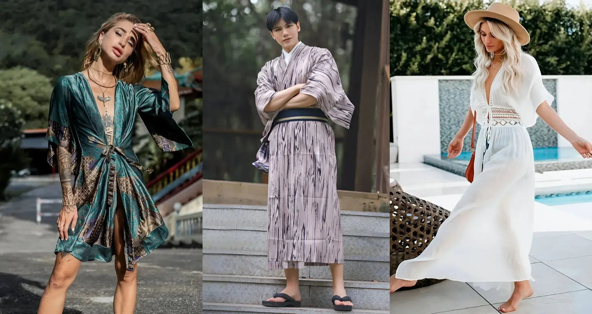 deux femmes et un homme portant des kimonos traditionnels et bohème