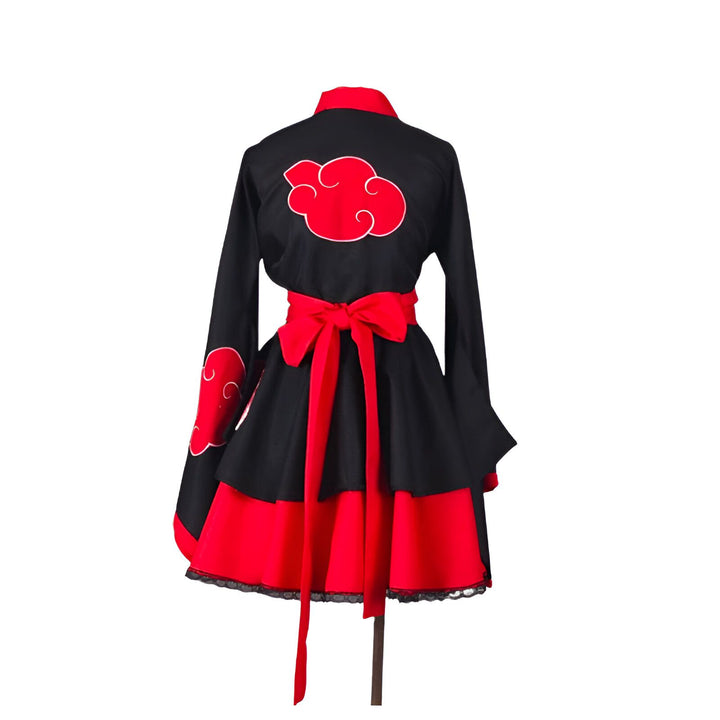 Kimono Akatsuki noir et rouge avec motifs de nuages, vêtement de style japonais. Idéal pour cosplay et événements thématiques. Découvrez notre collection de kimonos uniques.