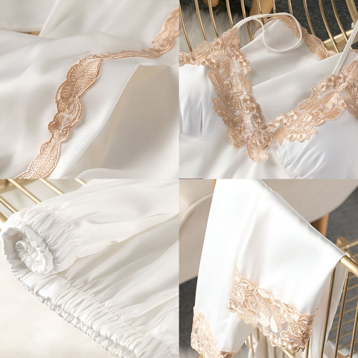 Ensemble kimono blanc en satin avec détails en dentelle dorée. Pyjama élégant et confortable. Kimonos de qualité.