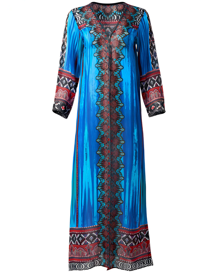 Kimono long bleu avec motifs complexes rouges et noirs. Vêtement ample et fluide, parfait pour un style bohème chic. Découvrez notre collection de kimonos uniques.