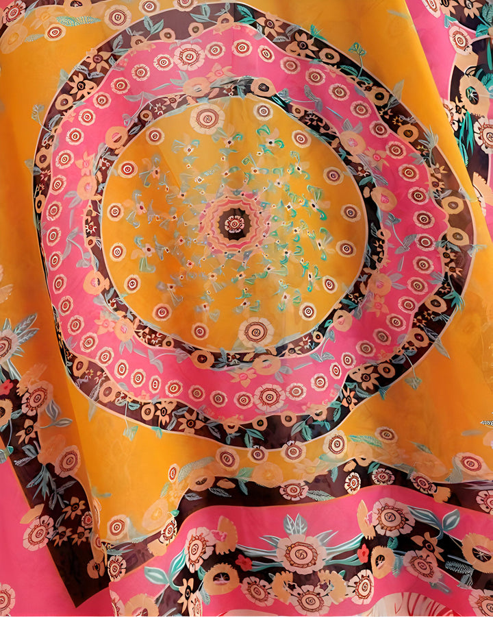 Motif floral circulaire et coloré sur tissu de kimono. Détails jaunes, roses et bruns. Idéal pour un style japonais authentique.
