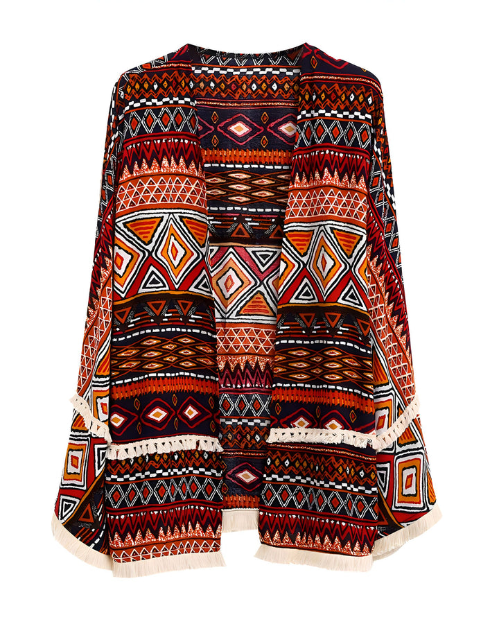 Kimono bohème multicolore à motifs ethniques et franges, vêtement tendance pour femme. Découvrez notre collection de kimonos uniques.