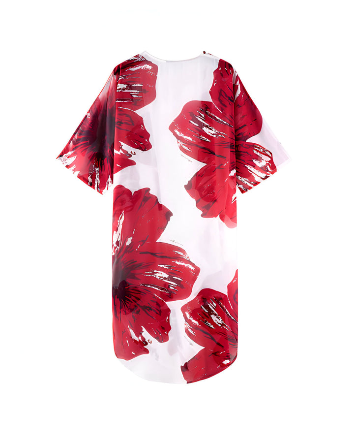Kimono long blanc translucide à fleurs rouges. Vêtement d'été léger et tendance, idéal pour la plage ou les sorties décontractées. Motifs floraux éclatants pour un style bohème chic.