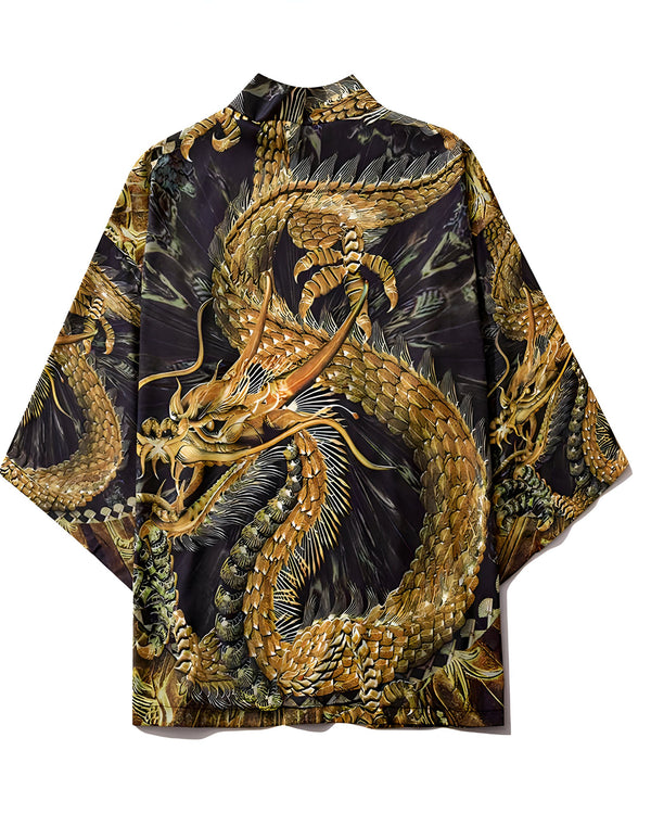 Kimono avec motif de dragon doré. Vêtement de style japonais avec un design audacieux et traditionnel. Parfait pour ajouter une touche d'élégance à votre garde-robe. Boutique de kimonos en ligne.