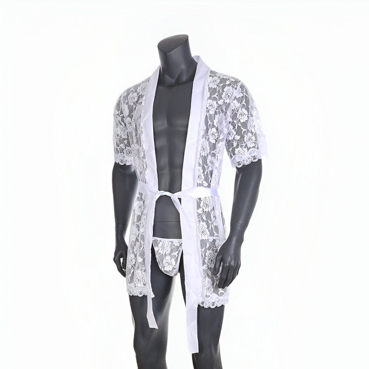 Kimono homme en dentelle blanche avec ceinture, vêtement d'intérieur élégant.