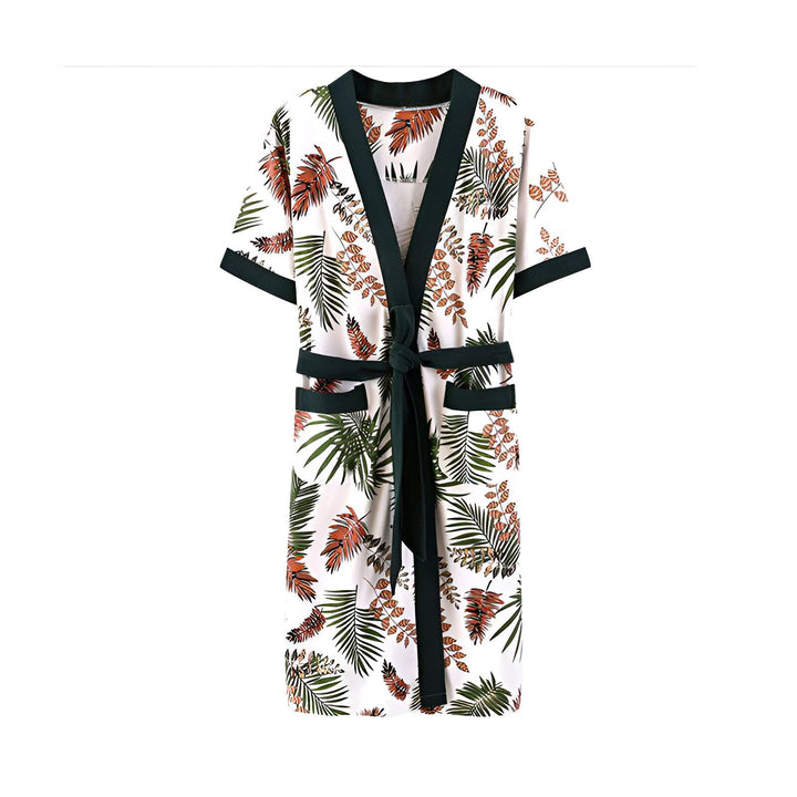 Kimono pour femme à motifs tropicaux, idéal pour la détente à la maison ou comme vêtement de nuit. Peignoir léger avec ceinture, disponible dans notre collection de kimonos de qualité.