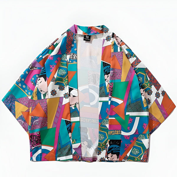 Kimono coloré avec motifs géométriques et portraits japonais. Vêtement ample et léger, idéal pour un style unique. Découvrez notre collection de kimonos originaux.
