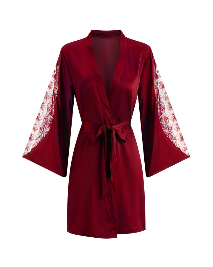 Kimono bordeaux en satin avec manches évasées en dentelle florale, ceinture assortie. Vêtement d'intérieur élégant et confortable. Collection de kimonos de notre boutique.