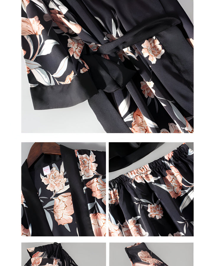 Détail d'un kimono noir à motifs floraux. Ce vêtement traditionnel japonais élégant est idéal pour se détendre avec style. Découvrez notre collection de kimonos uniques.