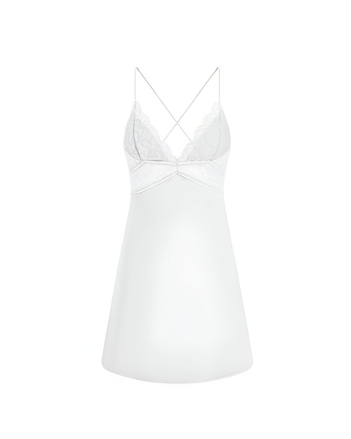 Nuisette blanche avec détails en dentelle, idéale pour compléter votre collection de kimonos. Lingerie fine et confortable.