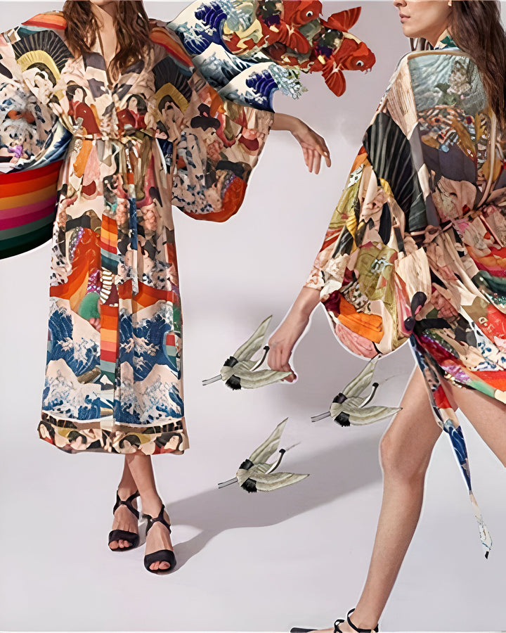 Deux femmes portant des kimonos imprimés de motifs japonais traditionnels, incluant des vagues et des personnages. Kimonos disponibles à l'achat.