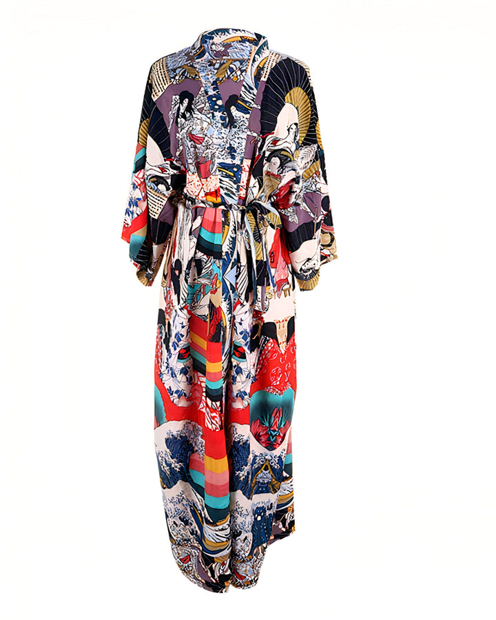 Kimono long multicolore avec motifs japonais traditionnels. Vêtement ample et léger, idéal pour une allure élégante et décontractée. Découvrez notre collection de kimonos uniques.