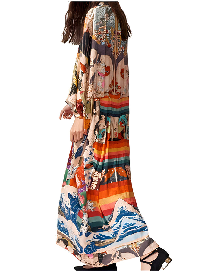 Kimono long imprimé motifs japonais variés. Vêtement ample et coloré style traditionnel revisité. Idéal pour une tenue originale et confortable. Découvrez notre collection de kimonos uniques !