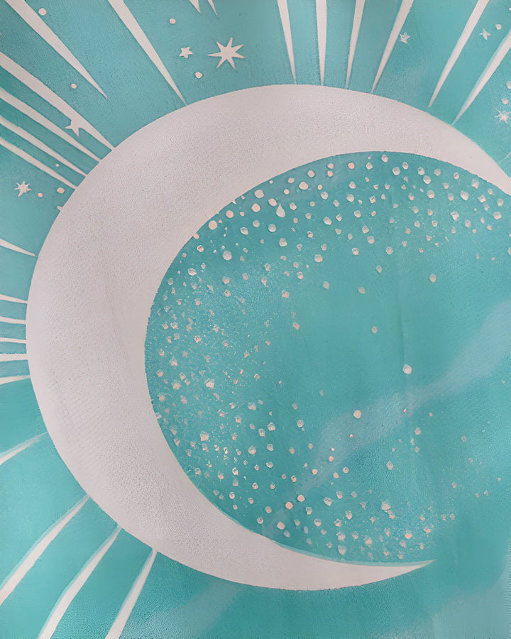 Motif de lune et étoiles sur tissu de kimono bleu turquoise. Idéal pour un style japonais moderne et élégant. Découvrez notre collection de kimonos uniques.