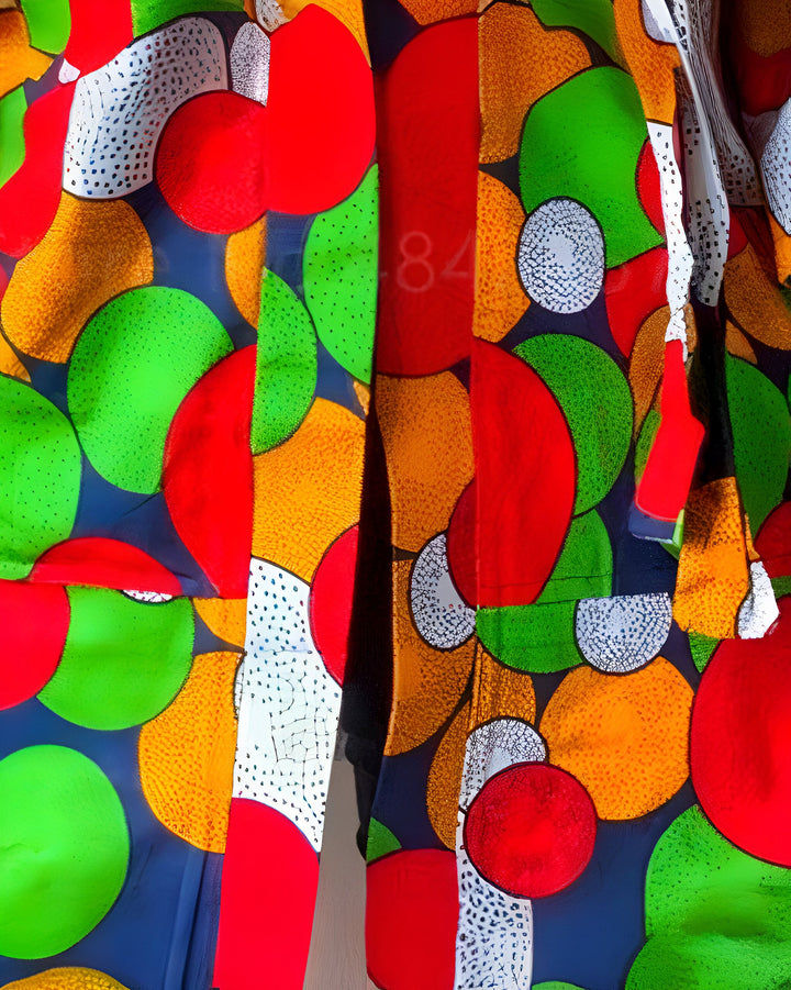 Kimono coloré à motifs de cercles. Vêtements traditionnels japonais. Motifs rouge, vert, jaune et blanc sur fond bleu marine. Découvrez notre collection de kimonos uniques.