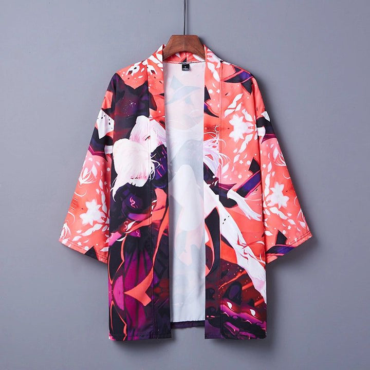 Kimono imprimé pour homme et femme, style japonais. Vêtement ample et coloré, parfait pour un look unique. Motifs floraux et personnages animés. Idéal pour les fans de mode japonaise et de culture anime. Découvrez notre collection de kimonos originaux.