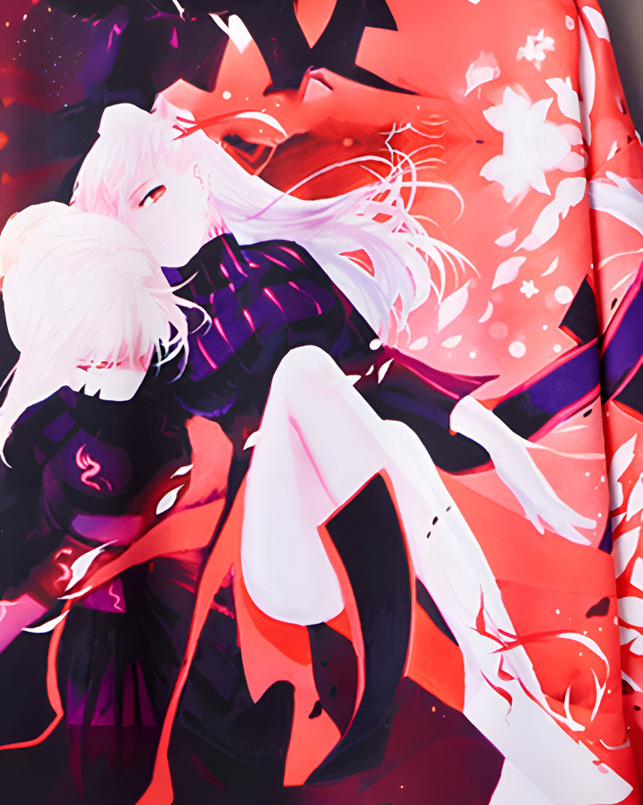 Image imprimée sur un kimono, représentant deux personnages féminins de style manga aux longs cheveux blancs, dans des tons de rouge, noir et violet. Kimonos disponibles à la vente.