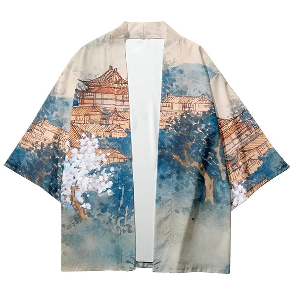 Kimono avec imprimé d'aquarelle représentant des bâtiments et des arbres asiatiques. Vêtement de style japonais, idéal pour un look unique et tendance. Découvrez notre collection de kimonos originaux.