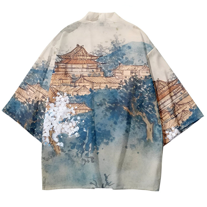 Kimono avec motif d'un paysage japonais traditionnel, comprenant des bâtiments anciens et des arbres en fleurs. Vêtement de style japonais à la mode. Disponible à l'achat.