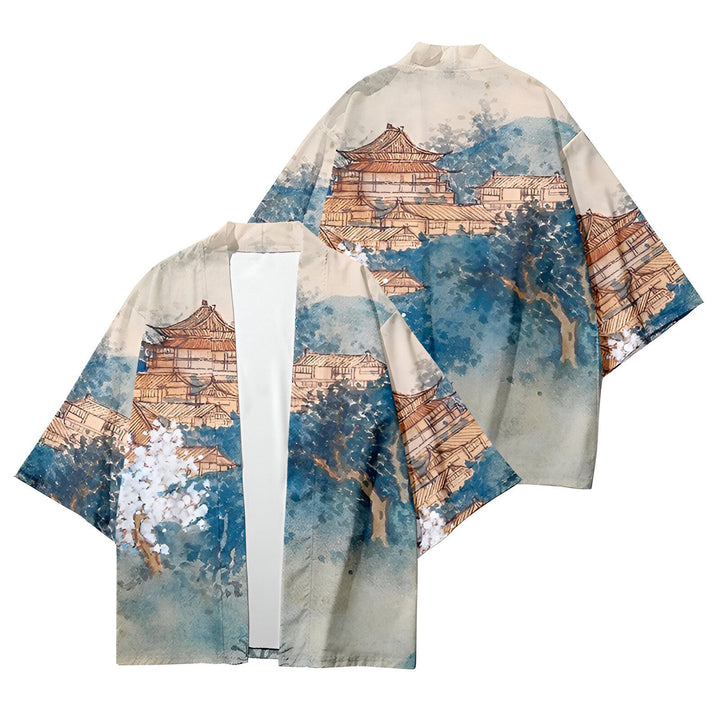 Kimono avec motif de paysage asiatique, temples traditionnels et arbres en fleurs. Vêtement ample et léger, idéal pour un style japonais décontracté. Disponible dans notre collection de kimonos uniques.