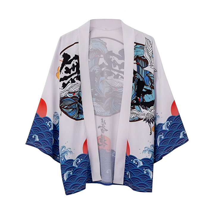 Kimono blanc avec imprimés de grues, vagues et soleil rouge. Vêtement de style japonais à manches larges. Découvrez notre collection de kimonos uniques.