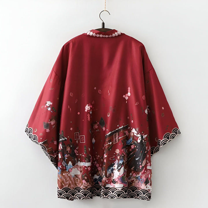 Kimono rouge imprimé avec motifs japonais. Vêtement ample et élégant pour un style unique. Découvrez notre collection de kimonos.
