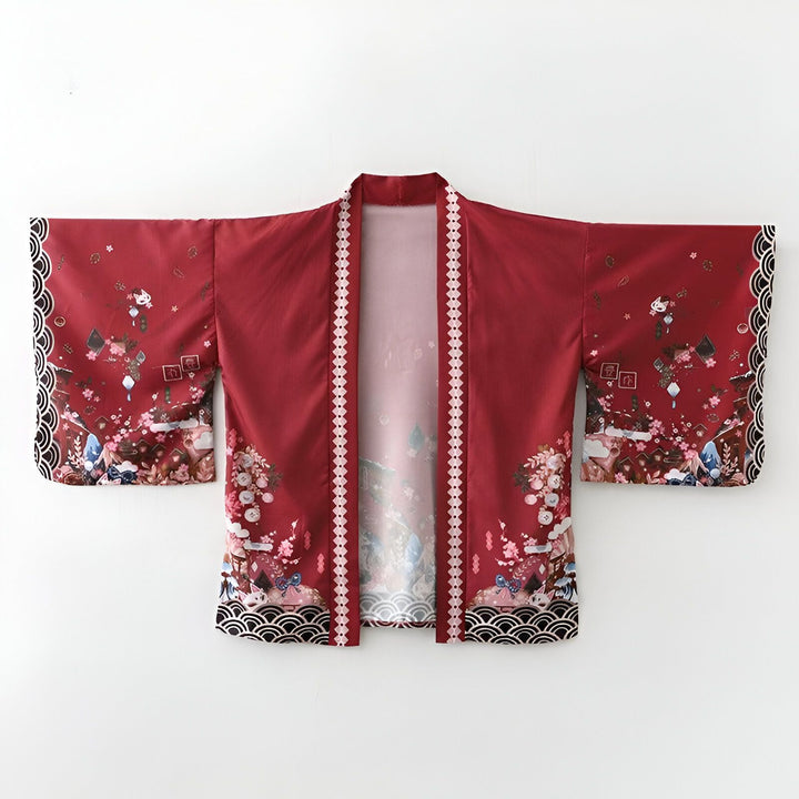Kimono rouge imprimé avec motifs floraux et vagues japonaises. Vêtement traditionnel japonais disponible à l'achat.