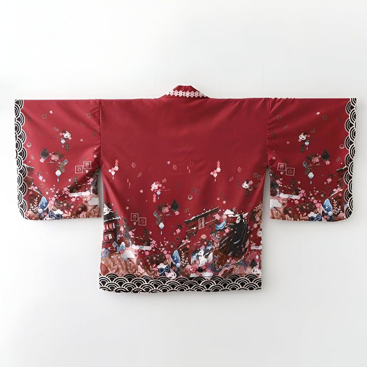 Kimono rouge bordeaux avec motifs japonais traditionnels. Vêtement ample à manches larges, idéal pour un style unique. Découvrez notre collection de kimonos !