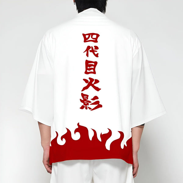 Kimono blanc avec des inscriptions japonaises rouges et des motifs de flammes rouges. Vêtement inspiré de la culture japonaise, idéal pour un style unique et tendance. Notre collection de kimonos offre une variété de designs authentiques.