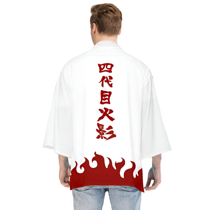 Kimono blanc avec motifs Naruto. Design distinctif inspiré de l'univers Naruto, idéal pour les fans de manga et de la culture japonaise. Vêtement unique et tendance, parfait pour un style original.