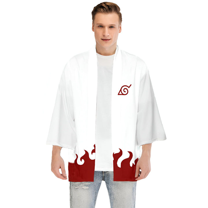 Kimono blanc avec symbole de Konoha et motif de flammes rouges. Vêtement style japonais, idéal pour les fans de Naruto. Découvrez notre collection de kimonos uniques.