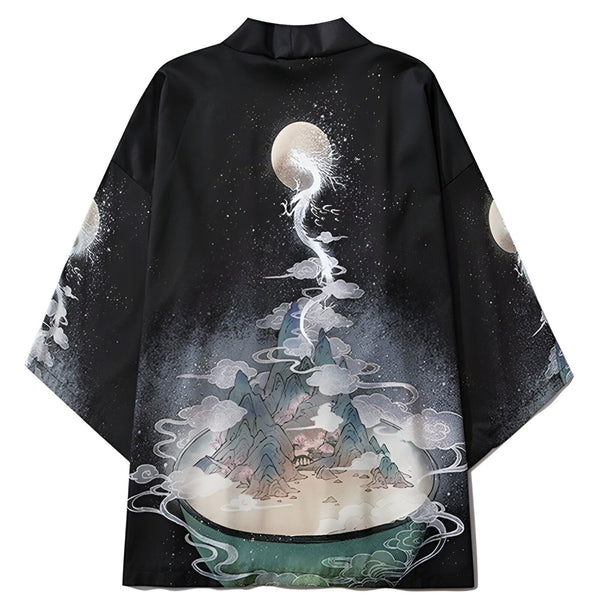 Kimono noir imprimé lune et dragon, style japonais. Vêtement traditionnel revisité, idéal pour un look tendance et original. Découvrez notre collection de kimonos uniques.