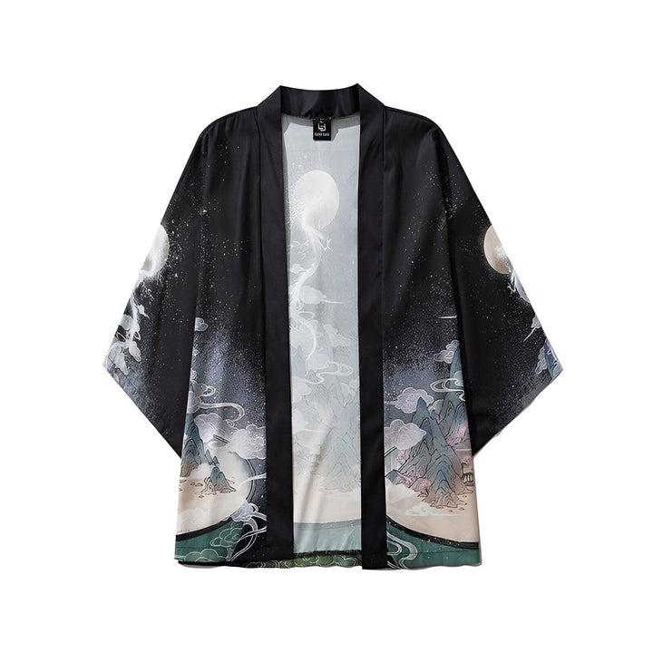 Kimono noir avec motif de dragon et lune, vêtement traditionnel japonais. Idéal pour un look unique et élégant. Découvrez notre collection de kimonos.