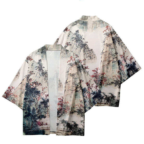 Kimono imprimé paysage de montagne, style japonais. Vêtements amples et confortables. Découvrez notre collection de kimonos uniques !