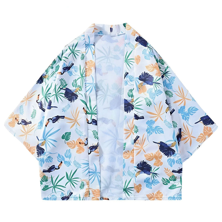 Kimono blanc imprimé toucans et motifs floraux. Vêtement de style japonais, léger et coloré, parfait pour l'été. Découvrez notre collection de kimonos uniques.