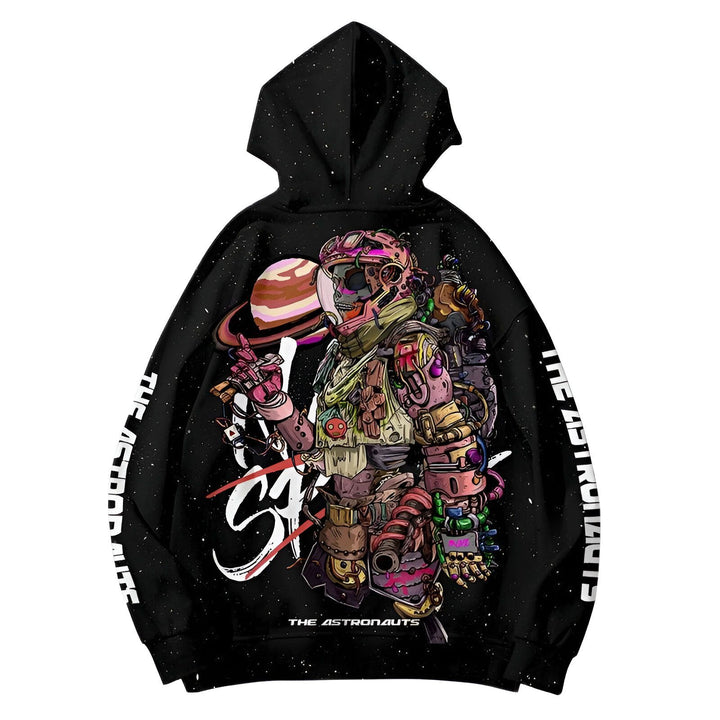 Sweat à capuche noir avec motif d'astronaute coloré, style kimono. Illustration originale et audacieuse pour un look unique. Idéal pour les amateurs de mode et d'espace.