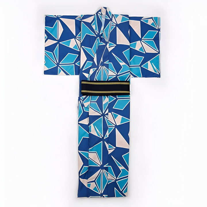 Kimono bleu à motifs géométriques, avec ceinture obi noire et or. Vêtement traditionnel japonais à vendre.