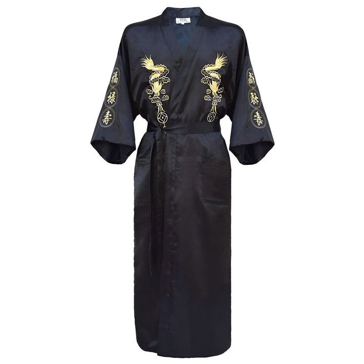 Kimono long noir avec dragons dorés brodés. Peignoir japonais traditionnel avec ceinture. Vêtement d'intérieur élégant.