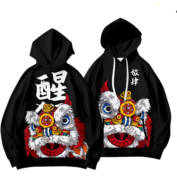 Sweat à capuche noir avec imprimé lion chinois, vêtement de style kimono. Motifs inspirés de l'Asie. Idée cadeau originale.