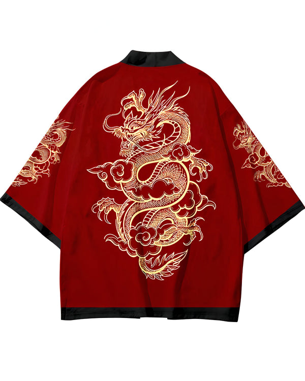 Kimono rouge avec motif dragon doré. Vêtements japonais traditionnels en vente. Style asiatique élégant et original. Idéal pour un look unique.