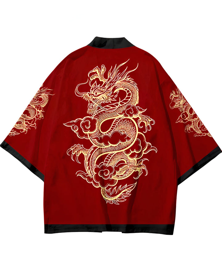 Kimono rouge avec motif dragon doré. Vêtements japonais traditionnels en vente. Style asiatique élégant et original. Idéal pour un look unique.