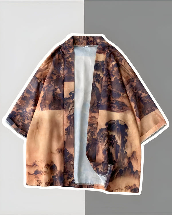 Kimono imprimé paysage traditionnel asiatique. Vêtements japonais authentiques pour hommes et femmes. Découvrez notre collection de kimonos originaux.