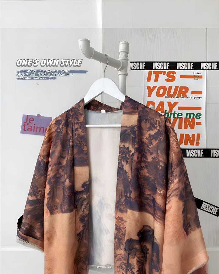 Kimono imprimé marron et beige suspendu, style unique. Collection de kimonos en vente.