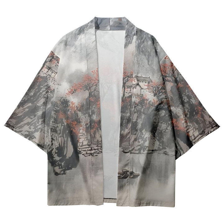Kimono ouvert avec un motif de paysage asiatique. On voit des montagnes grises, des arbres aux feuilles orangées, des bâtiments traditionnels et un bateau sur l'eau. Style ample et décontracté.