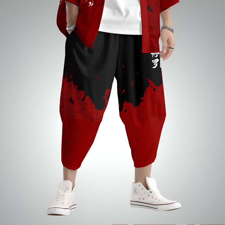 Pantalon kimono ample rouge et noir. Vêtements japonais tendance. Parfait pour un look décontracté et stylé. Découvrez notre collection de kimonos.