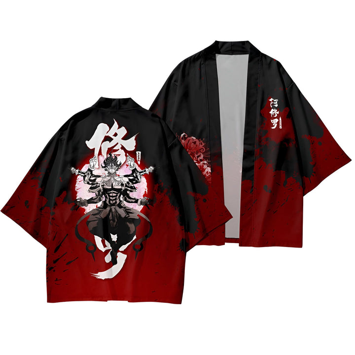 Kimono noir et rouge avec motif japonais représentant une figure mythologique à plusieurs bras et des caractères asiatiques. Vêtement traditionnel, style veste. Mode japonaise.