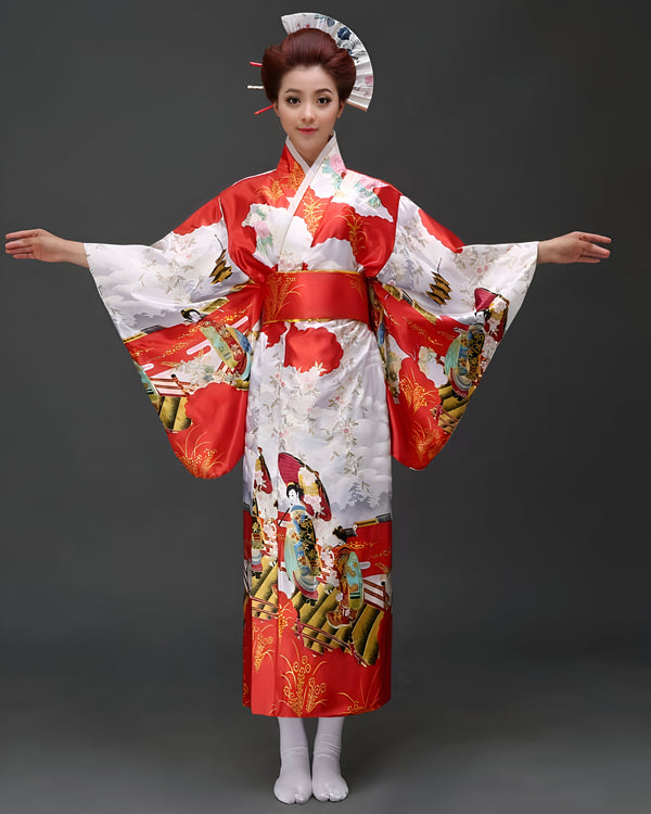 Femme en kimono rouge et blanc avec motifs traditionnels, coiffée d'un éventail ornemental. Vente de kimonos authentiques.