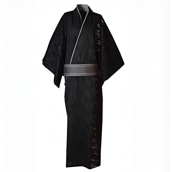 Kimono traditionnel japonais noir avec obi gris. Vêtements japonais authentiques en vente.