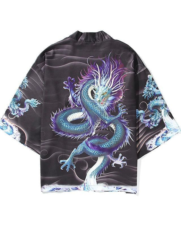 Kimono noir avec motif de dragon bleu et violet. Vêtement japonais traditionnel pour hommes et femmes. Disponible à l'achat.