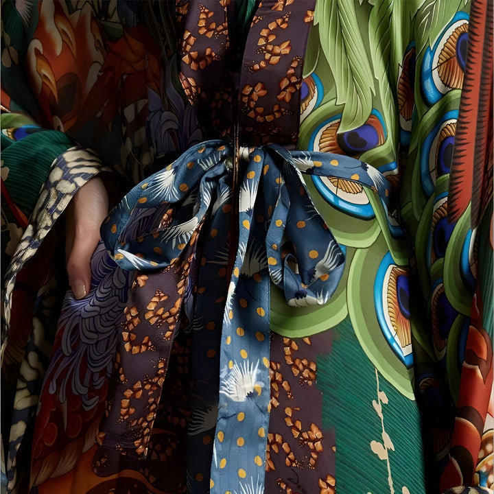 Détail d'un kimono coloré avec motifs complexes, mettant en valeur la richesse des détails et des couleurs. Ceinture assortie nouée. Idéal pour découvrir notre collection de kimonos uniques.